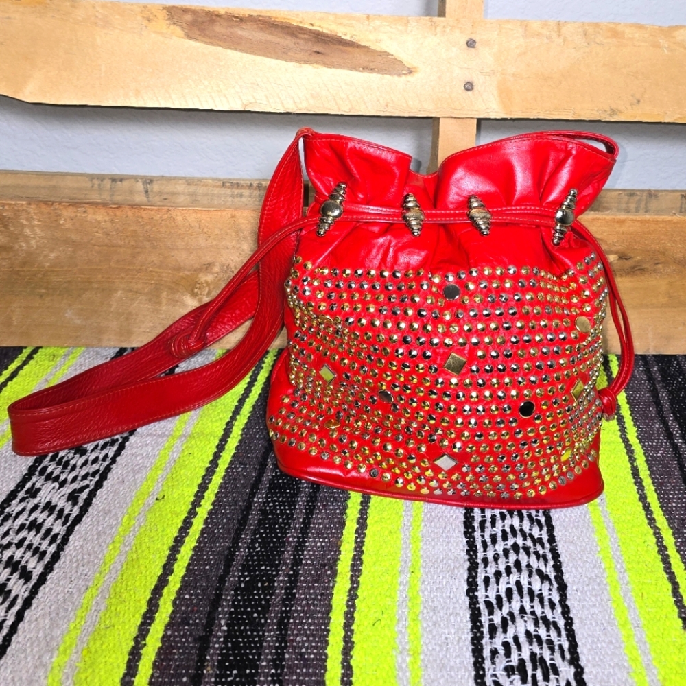 Red Leather Studded Women's Bag